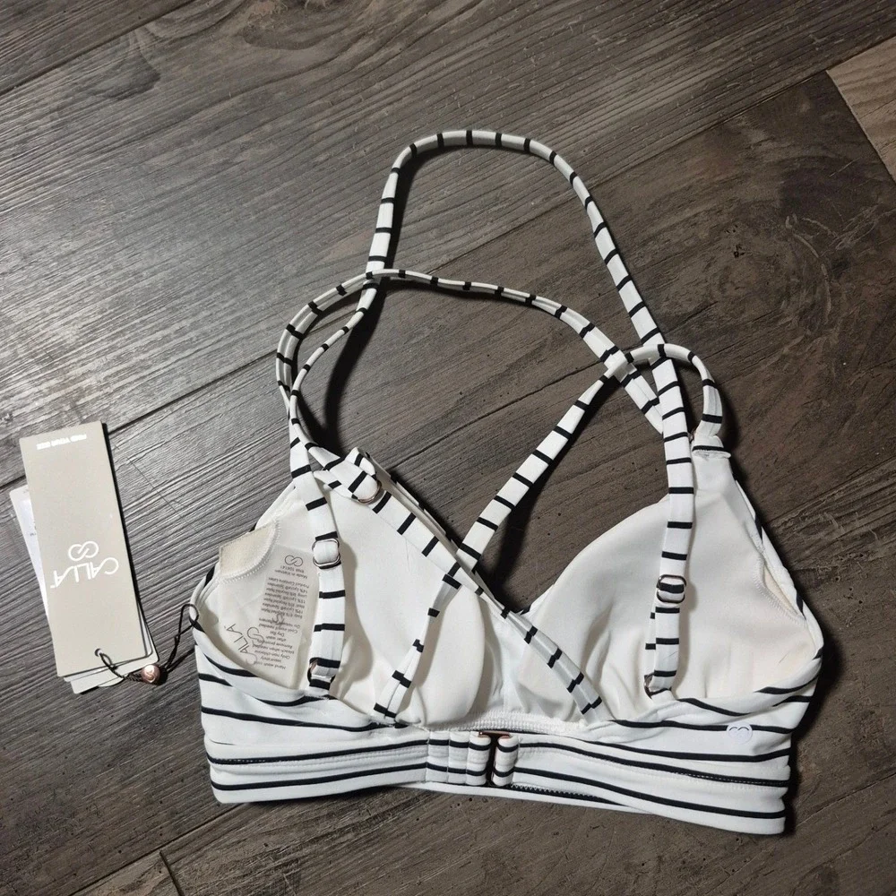 CALIA Strappy Back Ruch Bikini Top Coastal Stripe White XS WSA23223PRT NEW
